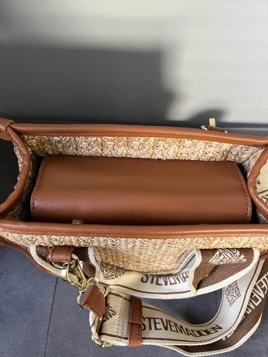 Steve Madden Tan & Cream Woven Crossbody with Branded Canvas Strap - Picture 6 of 7